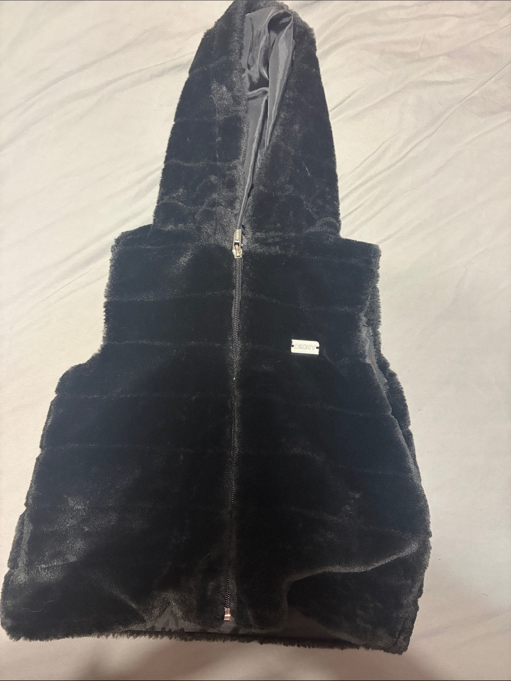 DKNY Black Faux Fur Hooded Vest for Kids